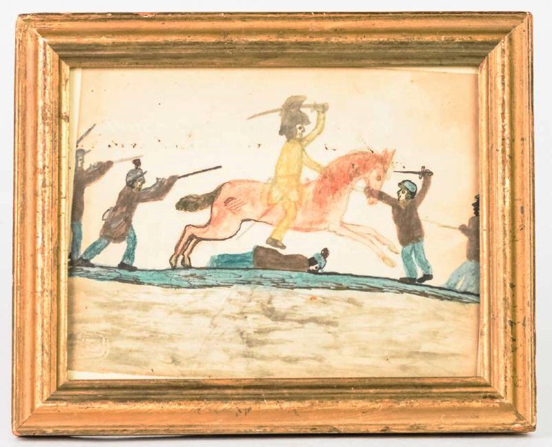 Watercolor Att. to Charlotte Jane Pettingill: With attributed label Charlotte Jane Pettingill 1857, Newport, Mass. area, pencil signed on verso "B is for British Soldier" showing a mounted cavalryman battling 5, foot soldiers, blind stamp mark on