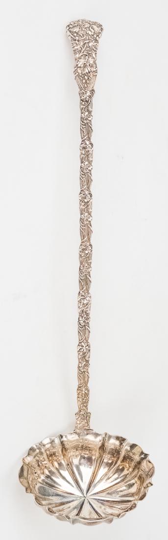 Charles Eley English Sterling Silver Wine Ladle: London date letter for 1804 makers mark of Charles Eley, handle with grape leaves and vine, fluted bowl, 12 1/4" long, total weight 3.95 ozt.