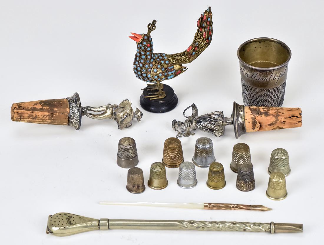 Silver Items Plus: Lot of 17, including 4 pieces of Sterling, three thimbles and one shot in form of thimble, total weight 1.50 ozt; plus 8 other brass and other metal thimbles; plus gold and MOP dip pen, 5 1/2" long; p