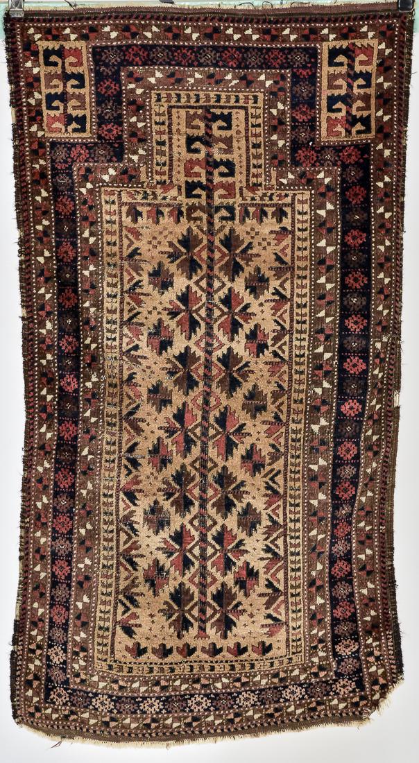 Antique Persian Prayer Rug: Primary tan & brown field with highly stylized floral pattern in prayer niche field with five surrounding borders, 28" x 52".