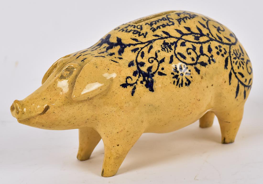 Folk Art Blue Decorated Yellowware Pig (1 of 6)