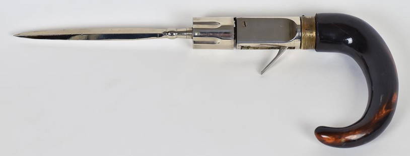 Revolving Pepper Box /Dagger Gun Cane: Circa 1860-1880 , with crooked goat horn grip, tapered malacca shaft with nickle collar and nickle and steel ferrule. Push down on grip and turn to extract the circa .22 caliber nickle plated six shot