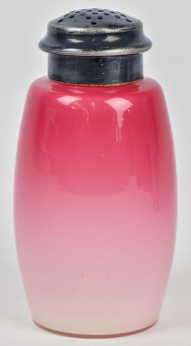 Thomas Webb Peachblow Sugar Shaker: bulbous form with original silver plated lid, 5 1/4" high.