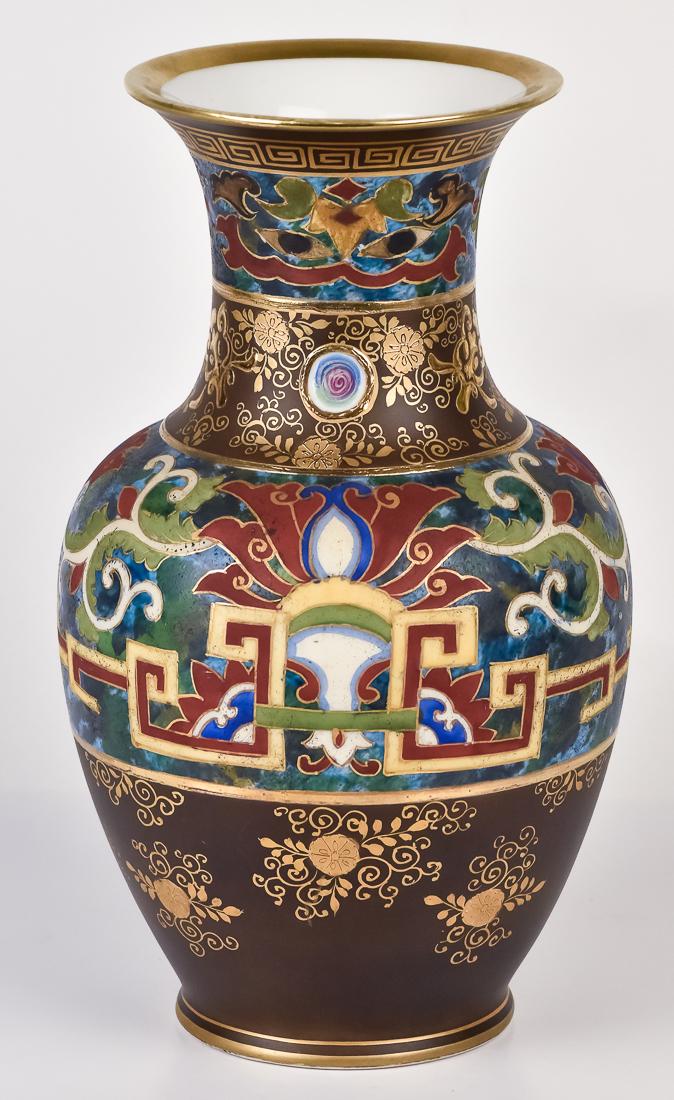 Nippon Vase with Unusual Designs: Egyptian inspired designs with gold highlights. 10" high. Fine condition.