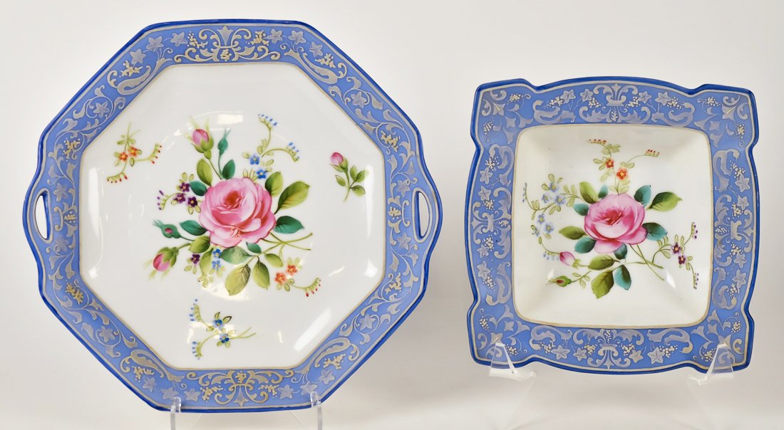 Nippon Wedgewood Style Tray & Bowl: Both having matching roses in center and blue with enamel edges. M in wreath mark. Tray 9 3/4". Bowl 7". Fine condition.