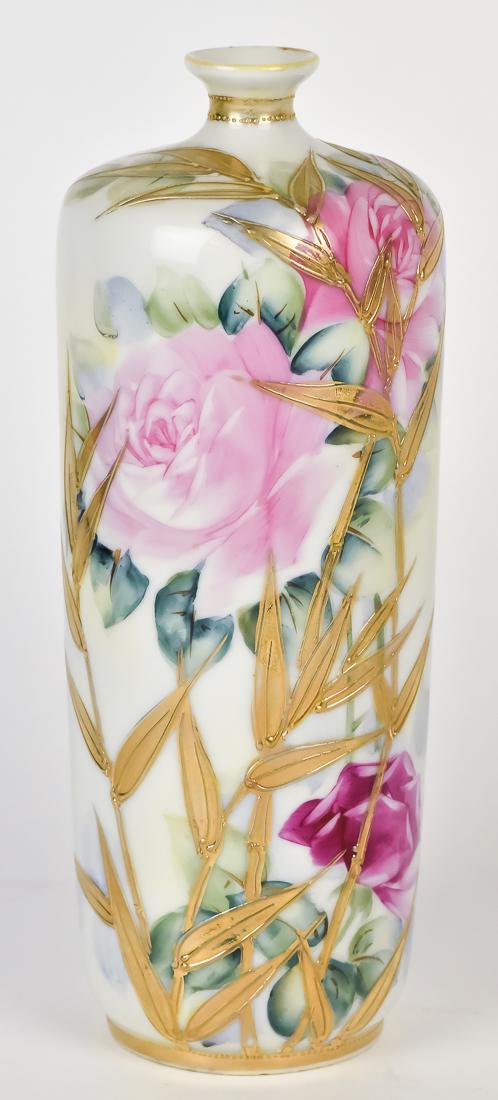 Nippon Vase with Roses and Gold Leaves: Slender form, Blue Maple Leaf mark. 8 3/4" high. Fine condition.