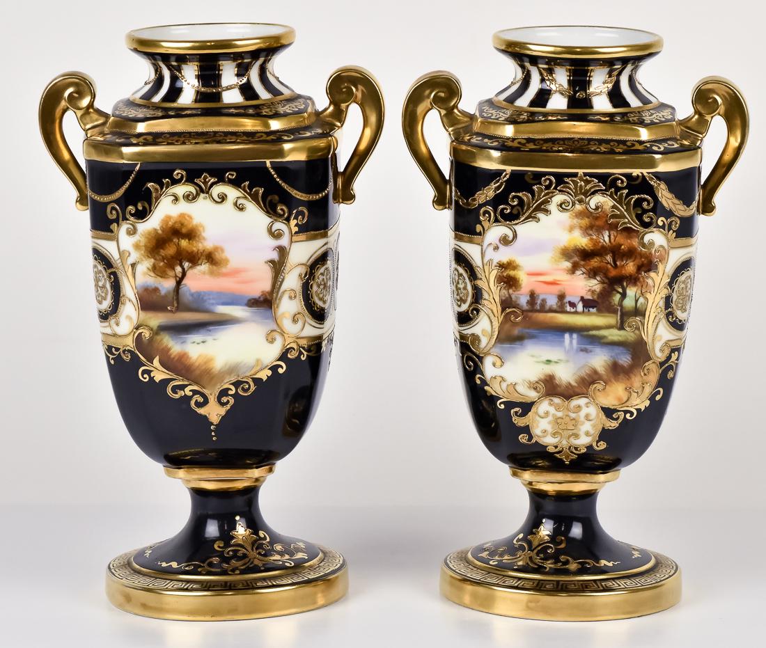Pair of Nippon or Noritake Scenic Black  Bolted Vases (1 of 4)