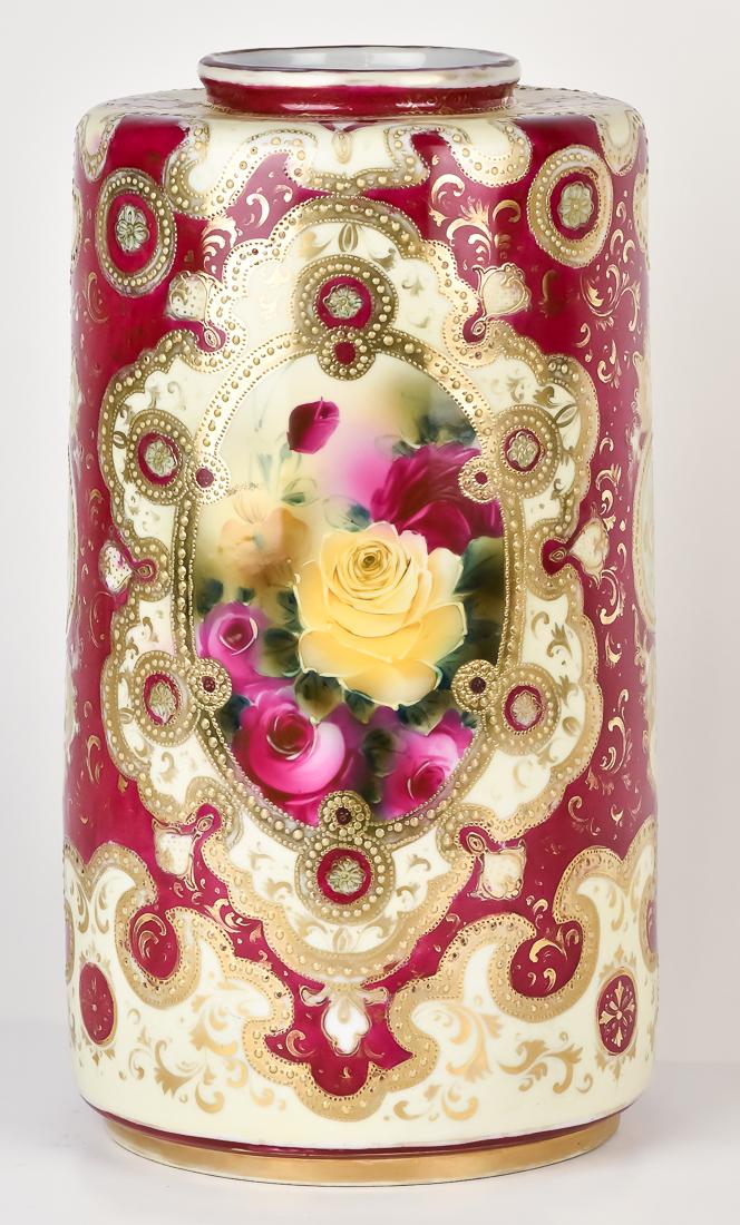 Large Nippon Cylindrical Vase with Roses and Gold (1 of 3)