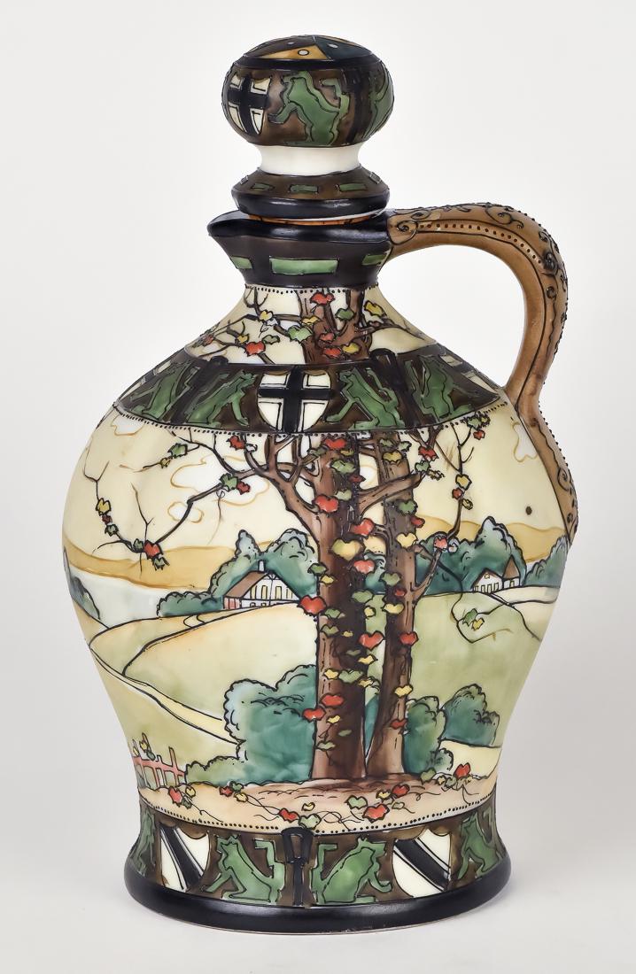 Nippon Dark Woodland Scene Wine Jug: Beauiful jug with scenic enamel scene. Blue Maple leaf mark. 9 1/2" high.