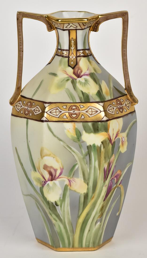 Nippon Vase with Floral Designs: Double handled with Egyptian motifs. M in wreath mark. 10 1/4" high. Fine condition.