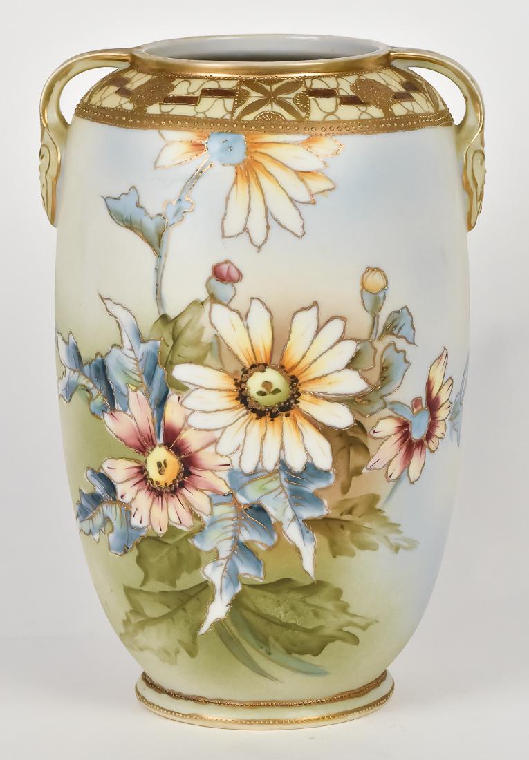 Nippon Vase with Floral Decoration and Gold Beadwork: Double handled. Royal Nippon mark. 10 3/4" high. Fine condition.