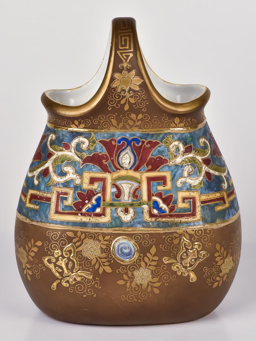 Nippon Basket with Egyptian Moifs: Unusual form with unusual jewels on each side and fine gold decoration. 7 1/2" high. Fine condition.