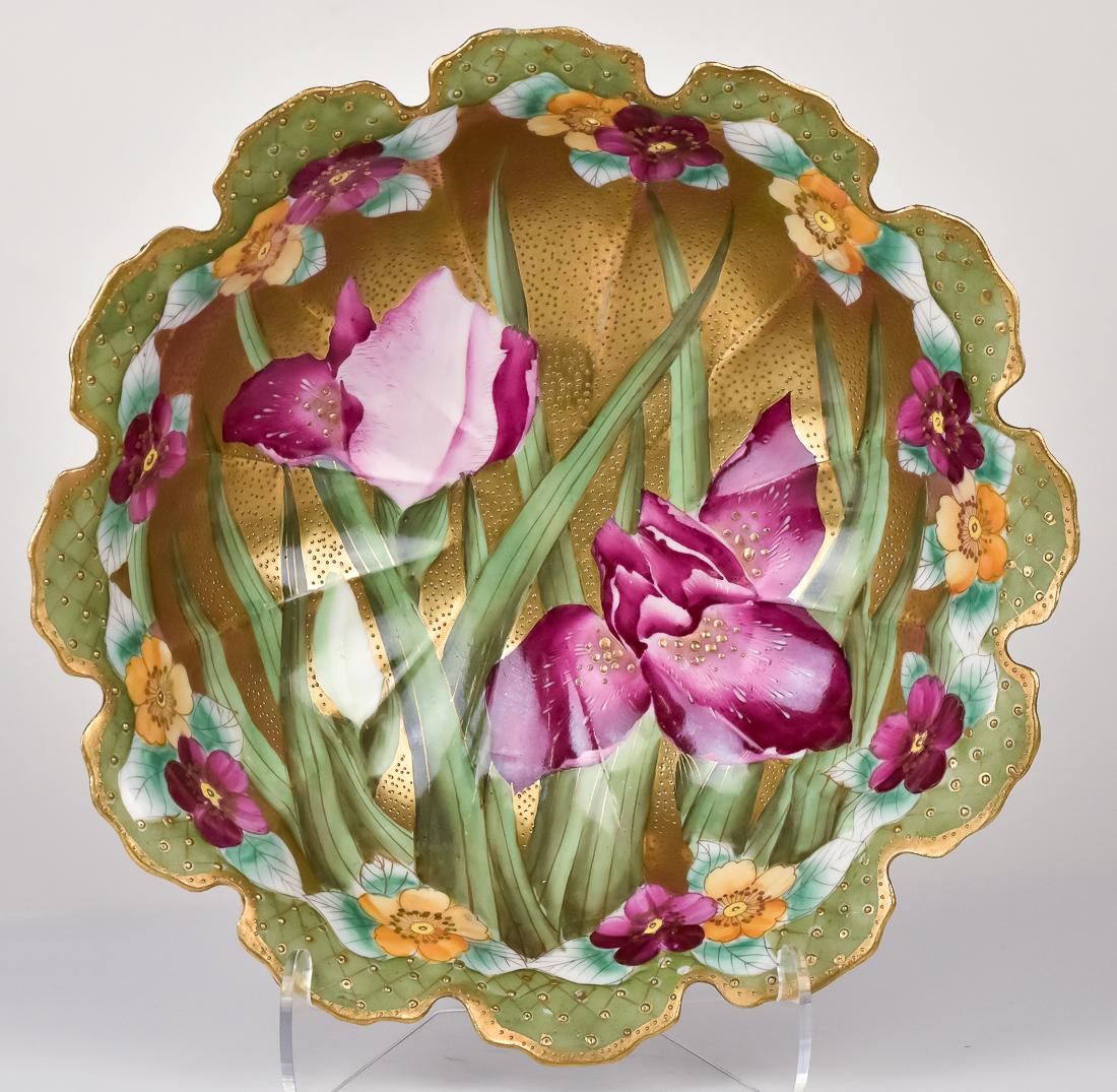 Nippon Bowl with Irises: Scalloped edge and footed base . Marked on base. 10" diameter. Fine condition.