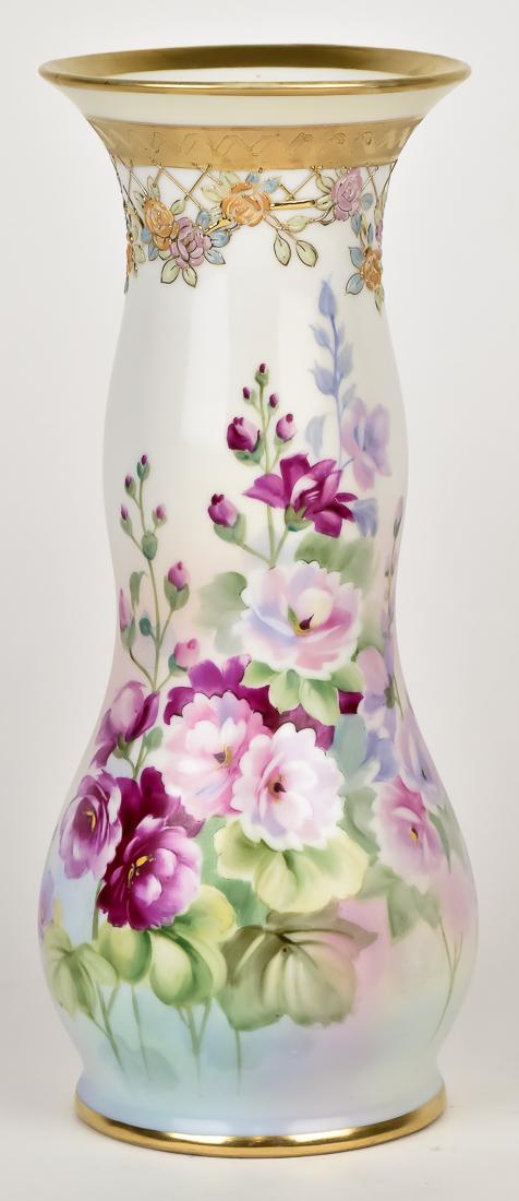 Nippon Vase with Floral Decoration: Gold and enamel work at top. M in wreath mark. 10 1/4" high. Fine condition.