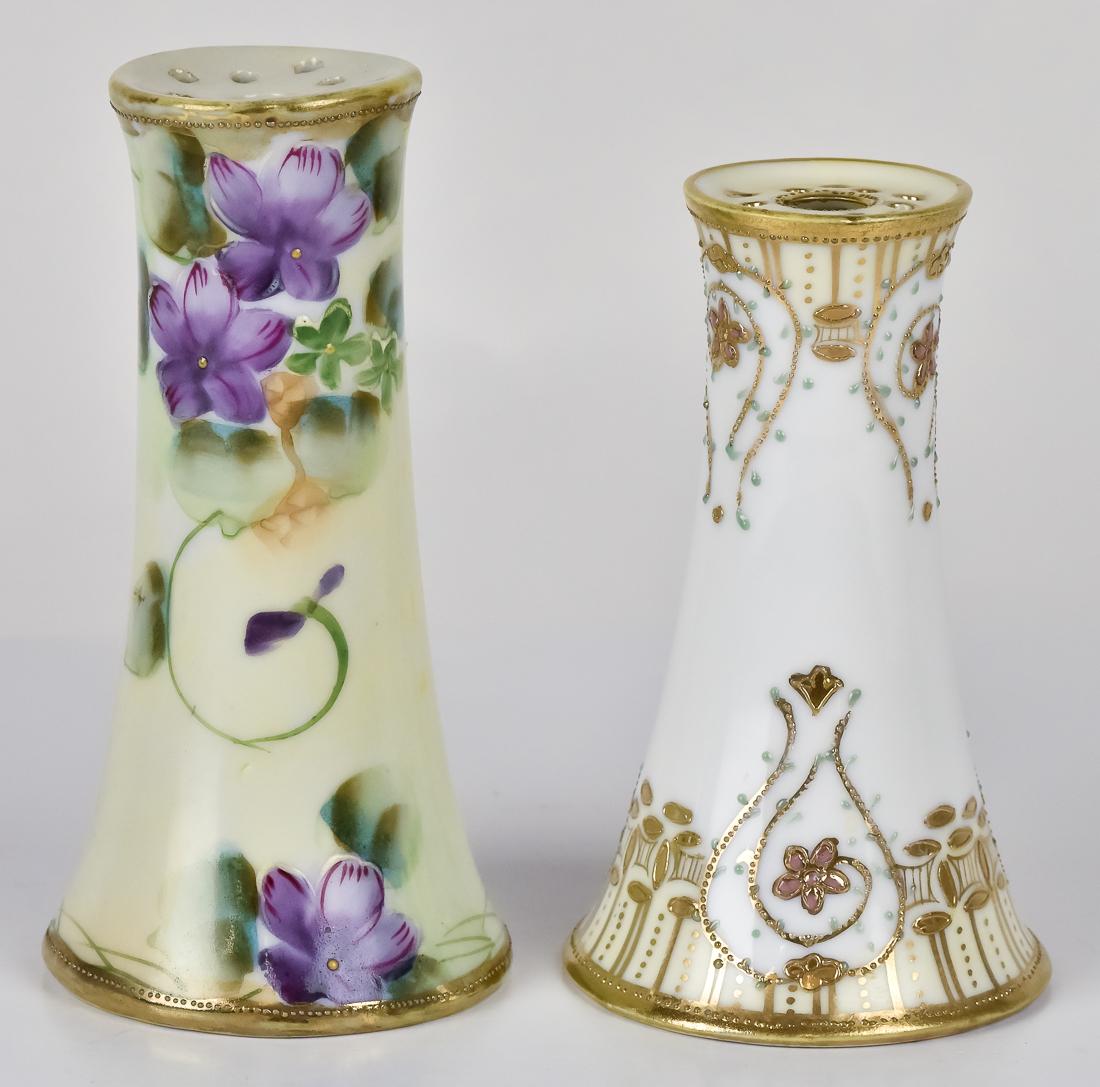 Two Nippon Hatpin Holders: One with beaded gold, the other with florals. Tallest 5 1/2" tall.