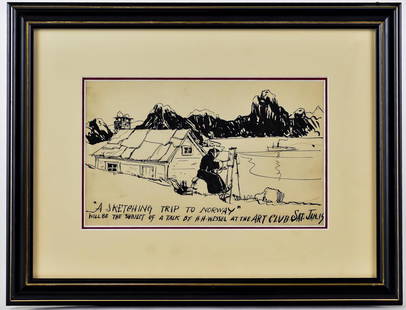 Herman Henry Wessel Ink Sketch: Cincinnati, Ohio & Gloucester, Mass. (1878-1969). Landscape and self portrait with text below reading A Sketching Trip to Norway will be the subject of a talk by H.H. Wessel at the Art Club Sat. Jan.