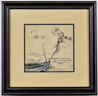 Herman Henry Wessel Comic Ink Sketch: Cincinnati, Ohio & Gloucester, Mass. (1878-1969). Landscape entitled High Art with text and watercolor details, 6" sqaure sight, matted & framed 12" square. Fine.