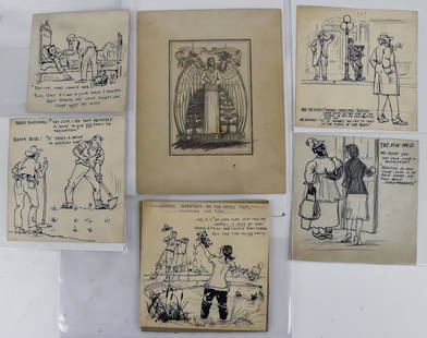 Six Pencil & Ink Sketches by Herman Henry Wessel: Cincinnati, Ohio & Gloucester, Mass. (1878-1969).Five of them are comic with text below, four circa 6" square and one 5" square. The last one is a study for a Christmas card with angel and text, 7 x 9