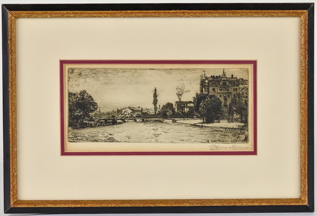 L.H. Meakin Signed Etching: Cityscape signed twice in print and signed in pencil lower right, sight8 x 4", matted & framed, 13 3/4 x 9 1/4". Lewis Henry Meakin (1850-1917) American Impressionist, taught Cincinnati Art Academy, p