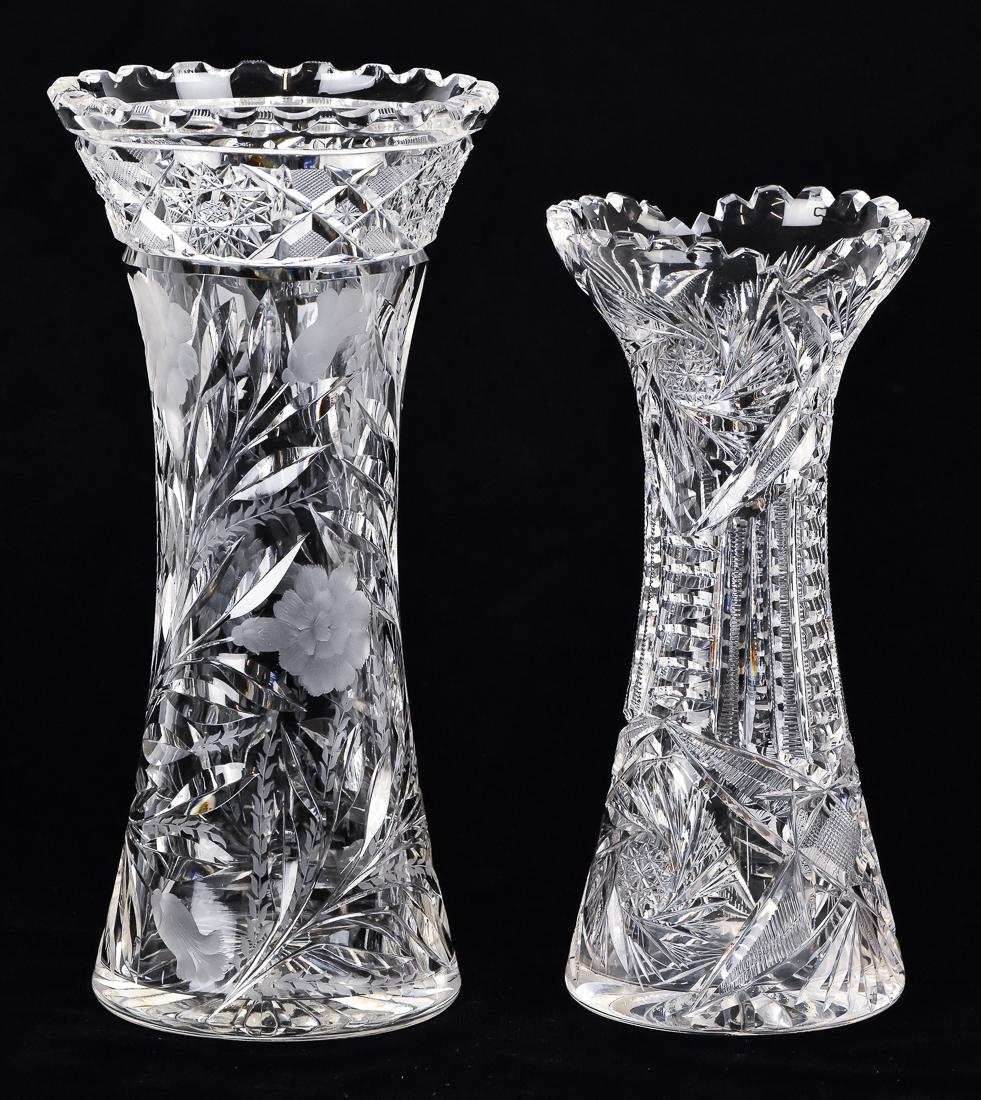 Two Cut Glass Vases: Both American Brilliant Period, corset shaped with saw-tooth lips, hob star over branching floral cut body with star cut base, 5 1/2" diameter x 11 3/4" high and 2nd with cut pinwheel & hob star, ladd