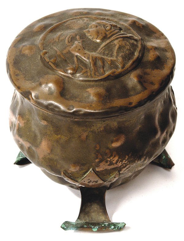 APOLLO STUDIOS N.Y. ARTS & CRAFTS COPPER HUMIDOR: Hammered copper with monk smoking pipe on lid. Fine original patina. Signed "Apollo Studios New York #52". 6 1/2" h x 5 1/2" dia. EST. $100. - $150.