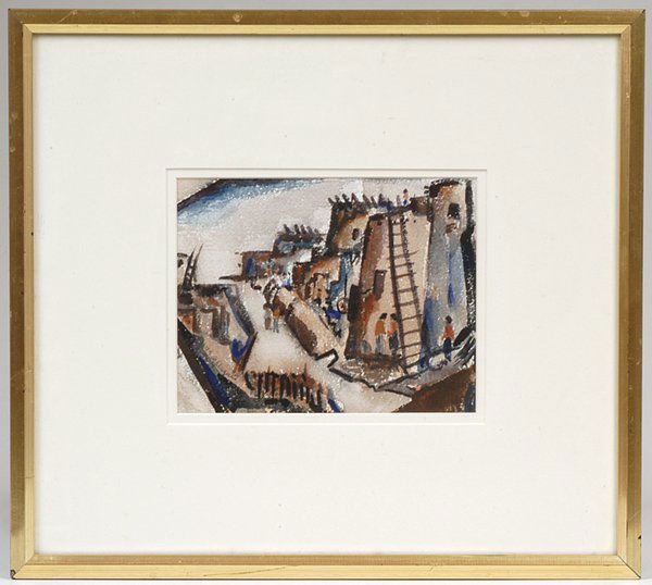 FRANK G. APPLEGATE (SANTA FE, NM) WATERCOLOR: Frank G. Applegate (Santa Fe, New Mexico, 1881-1931) 6 1/2" x 8" watercolor titled "Hopi Village De Malp". Signed lower left "F.G. Applegate". Frank Applegate was already a famous artist when he moved