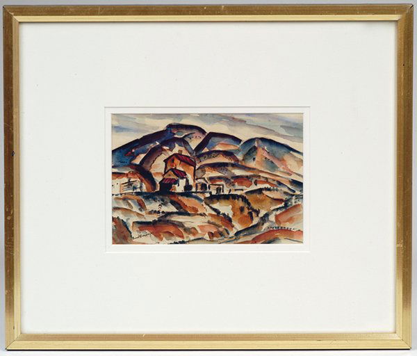 FRANK G. APPLEGATE (SANTA FE, NM) WATERCOLOR: Frank G. Applegate (Santa Fe, New Mexico, 1881-1931) 5 1/2" x 8" watercolor of buildings on a Mesa. Signed lower left "Frank G. Applegate". Frank Applegate was already a famous artist when he moved to