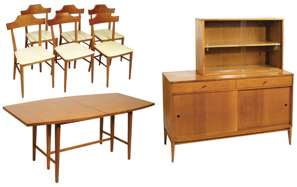 PAUL McCOBB PLANNER GROUP DINING ROOM SUITE: Including a two-piece 58" x 52" sideboard, 66" table with two leaves, and six 35" chairs. Signed, with silver and black label. Small spot to finish on table and scratch to back of top on sideboard; ot