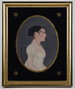 American Folk Art Portrait Painting On Wood Panel: Circa 1820-30,painting on popular wood panel of half length portrait of a young lady in high waisted white dress, seated in bamboo style Windsor chair, in newer frame, 9 1/2 x 11 1/2".Note: Painting h