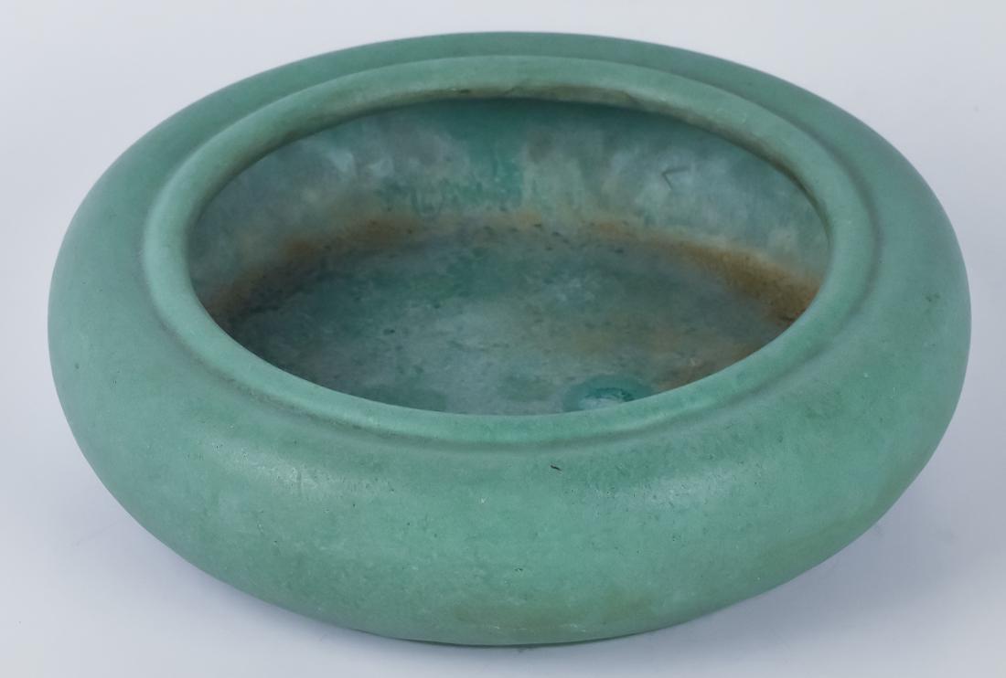 Teco Arts & Crafts Vase: In green matt glaze, marked on base, 7" diameter x 2" high.