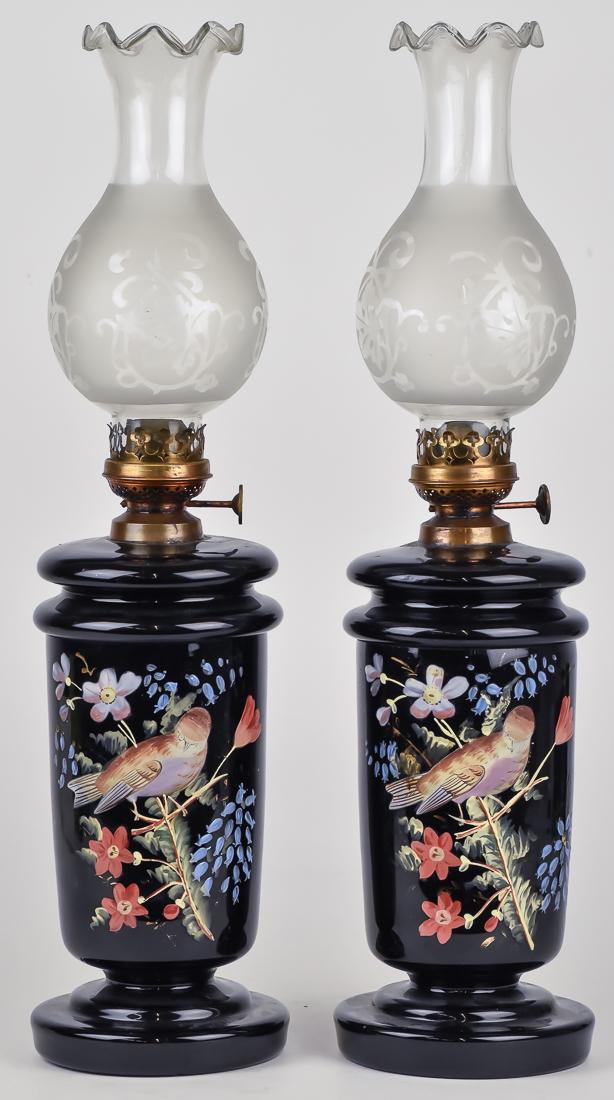 Pair Victorian Enamel Decorated Glass Oil Lamps (1 of 9)
