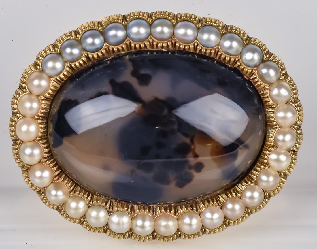 Gold Mounted Pearl & Moss Agate Victorian Pin (1 of 4)