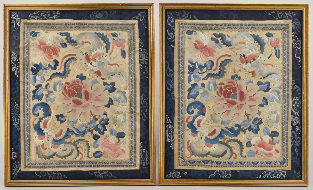 Pair Early Chinese Silk Embroidered Panels (1 of 11)