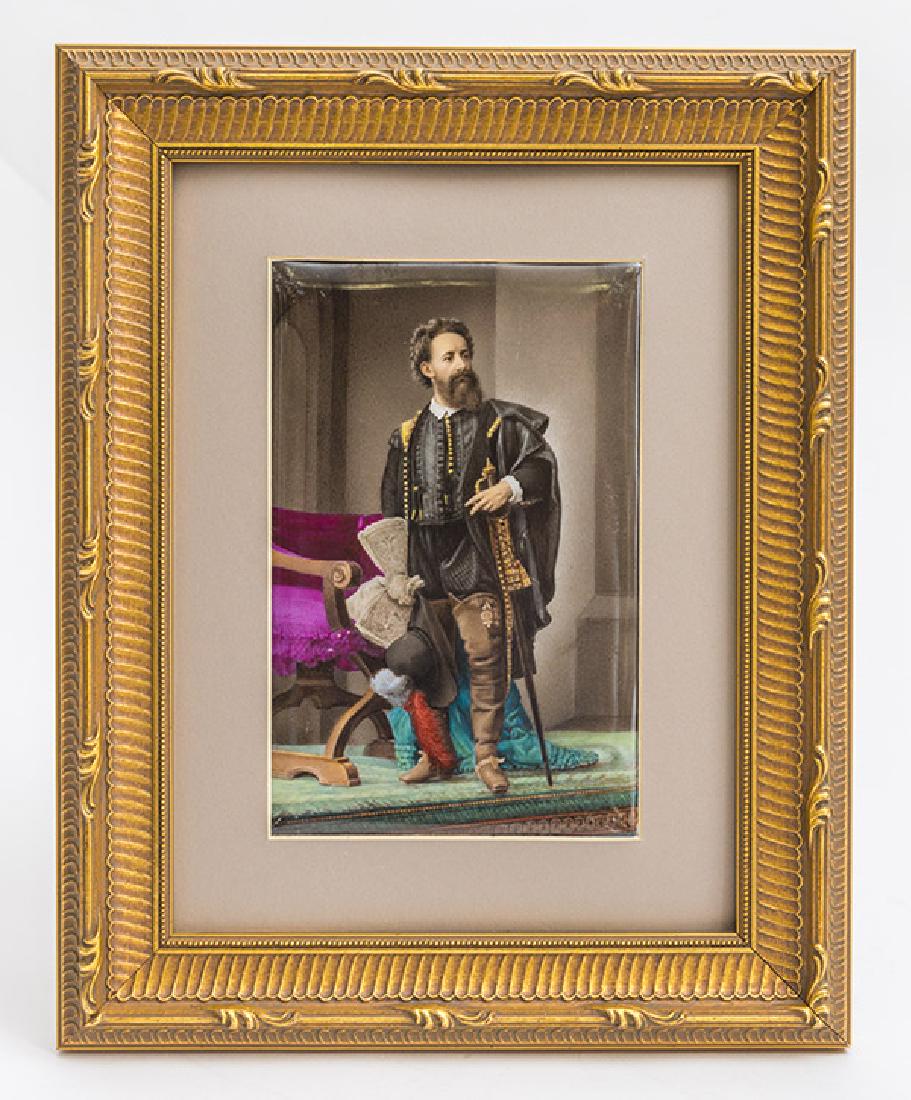 Porcelain Plaque of Johann Quast: Full length portrait of middle aged 18th century German aristocrat, born in Hove, Hanover, Prussia in 1731, died 1781. Painting shows him in interior setting, wearing riding boots, grey cap and clothi