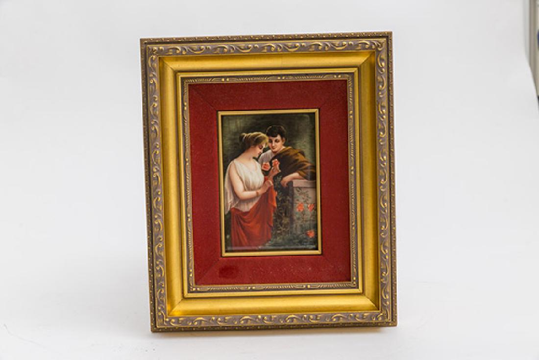 Porcelain Plaque Titled Rosenzeit Artist Signed Wagner: (Time for the Roses), three quarter length portrait of young classical Greek lovers in garden, artist signed lower right Wagner, titled on back in red, 4 x 5 3/4" in gilt & velvet frame, 9 3/4 x 11 1/
