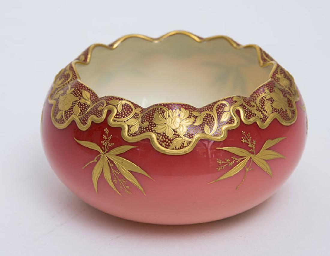 Thomas Webb Jewels Bar Peachblow Bowl: Lovely deep color with fine gilt enameled floral decoration with scalloped lip and ground and polished pontil, 4 1/4" diameter x 2 1/2" high.