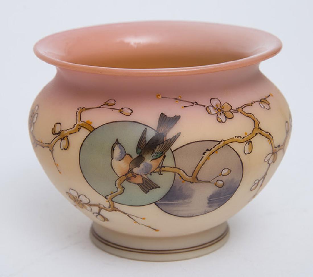 Thomas Webb Decorated Burmese Vase: Decorated with lovebirds on flowering branch satin finished exterior, high gloss interior, footed with ground and polished pontil with number 3 painted inside pontil, 4 1/2" diameter x 3 1/4" high.