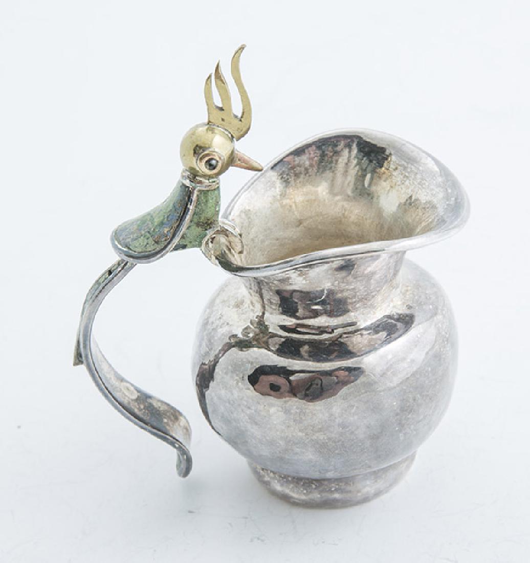 Los Castillo Creamer: Hand made pitcher with bird handle with jadite inset stones and gilt head & crest, eyes in garnet, marked Los Castillo Plateao Hechoen Mexico 207 TA-01, 5" high, total weight 4.90 ozt.