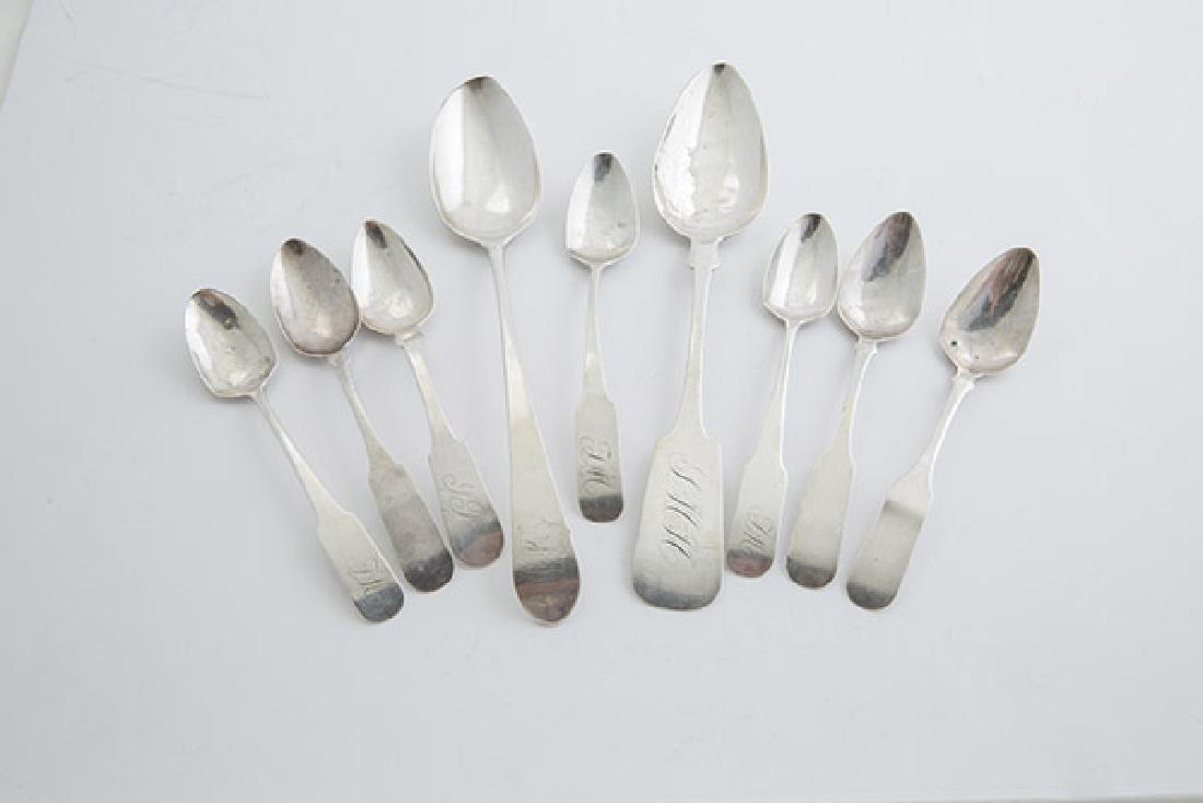 American Coin Silver Spoons: Lot of 9, including two table spoons one marked Curtiss Candee & Co. (Woodbury Conn. 1831-35); plus 2nd table spoon marked RW, (Robert Wilson, N.Y.C. & Philadelphia 1802-24); plus 7 tea spoons includi