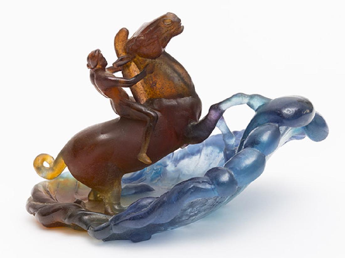 Daum Nancy "Horseman" Sculpture: In polychrome Pate De Verre glass with nude male astride a horse in ocean waves with artist signature and Daum France 046/450, 12 x 9 x 8" high.