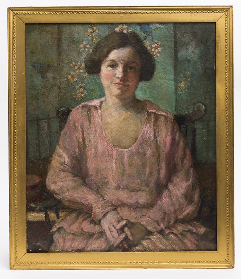 Oil Portrait of Young Lady: Circa 1900 oil on canvas, anonymous, but very well done post impresionistic style half length seated of lady in pink dress, 22 x 27 1/2, in original frame, 25 1/4 x 31".