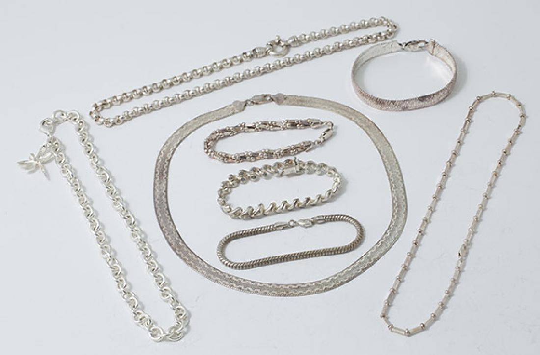 Eight Pieces Sterling Jewelry: Including 4 necklaces and 4 bracelets, 4 marked Milo, Italy, total weight 7.55 ozt.