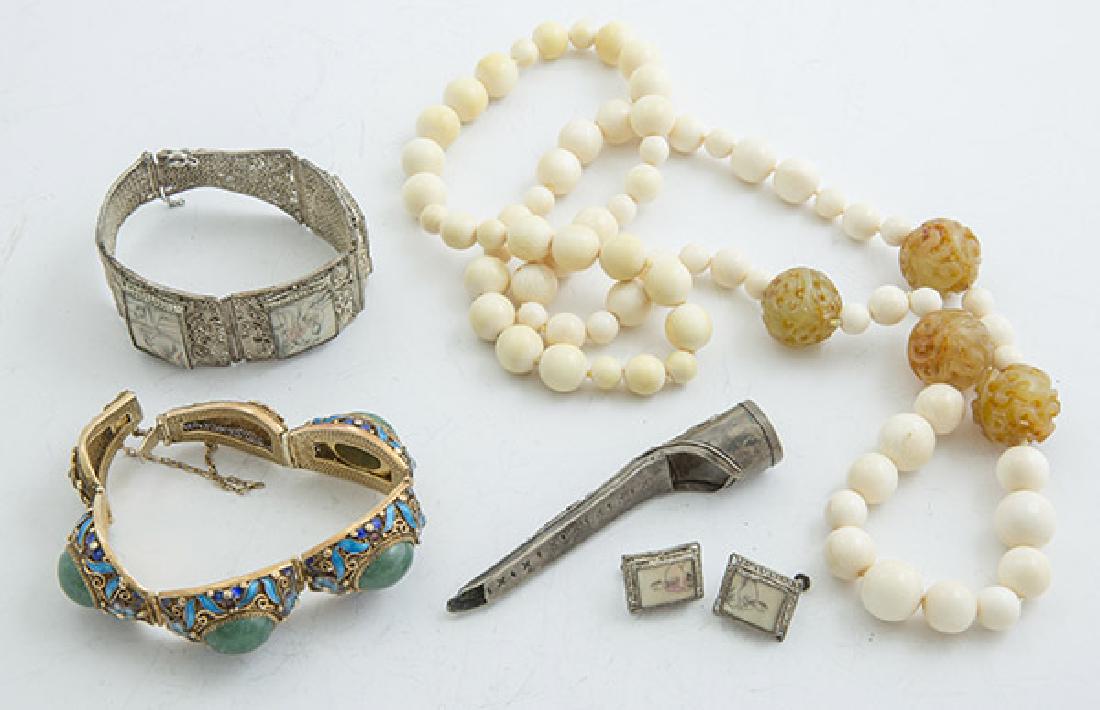 Lot of Silver , Jade, Oriental Jewelry: Lot of 5, including 2 silver bracelets one with enamel and jade stones in silver setting other is silver and bone inserts and earrings, glass beaded necklace, and Chinese silver finger nail cover.