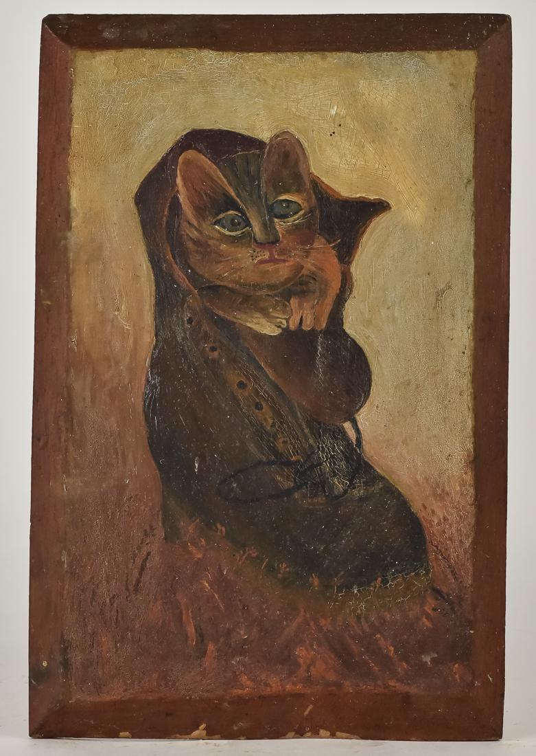 Folk Art Oil Painting of Kitten: Kitten inside a boot on poplar panel, anonymous, late 19th century, 11 3/4 x 18".