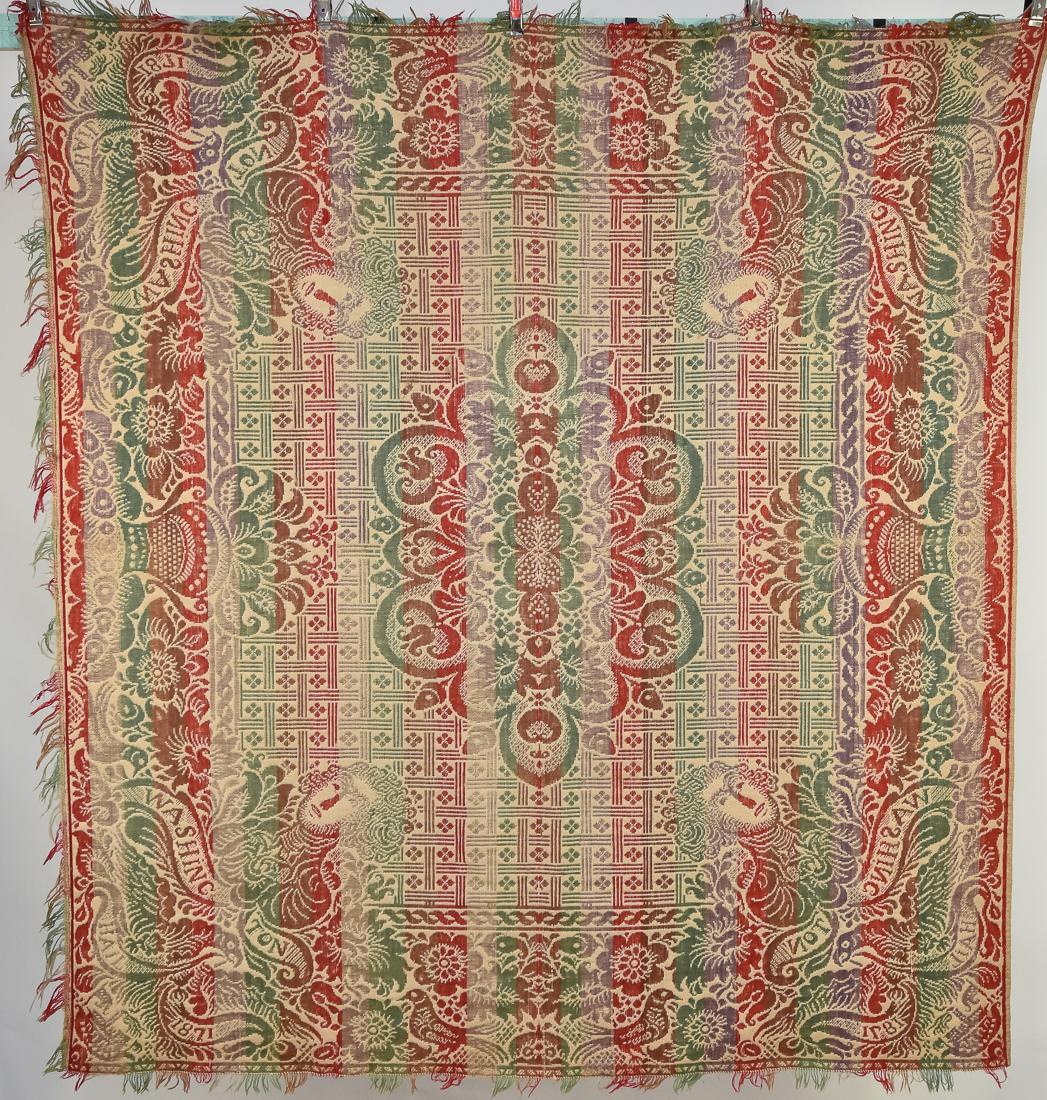 Four Color Washington Jacquard Coverlet: In red, light purple, green and brown on white with bust portrait of George Washington over spread winged eagle in corners, 78 x 80".