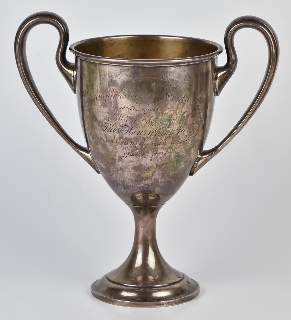Rare Thos. Henry Clay Jr.,Kentucky Silver Trophy: Important Sterling Silver loving cup with inscription: Championship of Kentucky, 100 targets won by Thos. Henry Clay Jr. Jefferson County Gun Club. July 4th, 1903:. Marked Sterling A3082 1 3/4 pint on