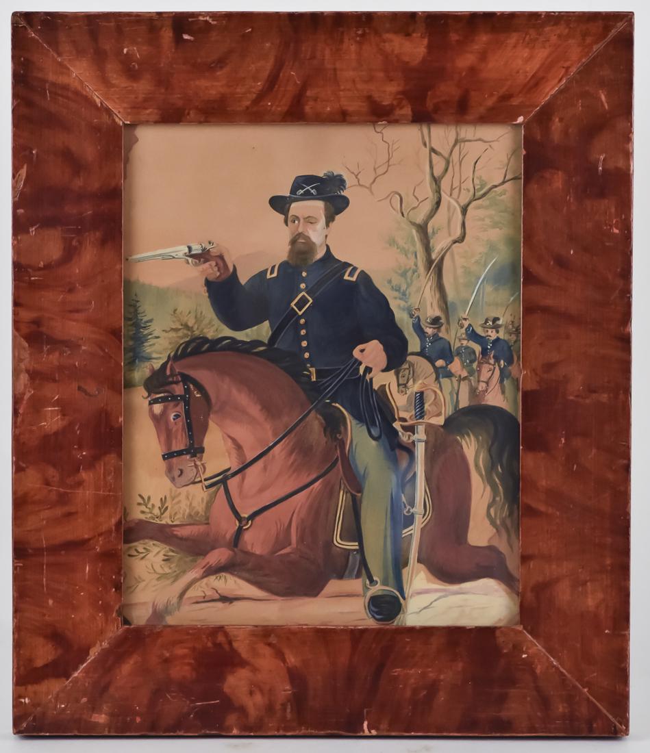 19th Century Watercolor of Civil War Soldier: On paper, circa 1860's of Union cavalry charge with officer in lead with drawn Remington New Model Army revolver with Model 1840 saber at side, followed by column of mounted soldiers with drawn sabers
