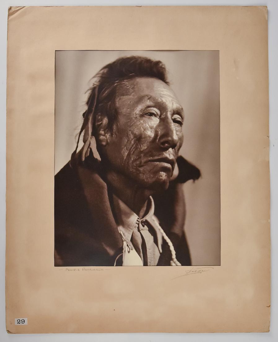Frank A. Halliday (Canada) Photo of Native American: Frank A. Halliday was a photographer active in the 1920-30 in Calgary, Alberta, Canada. This fine shoulder length portrait of a elder Native American man is titled in pencil on mat lower left Prairie 