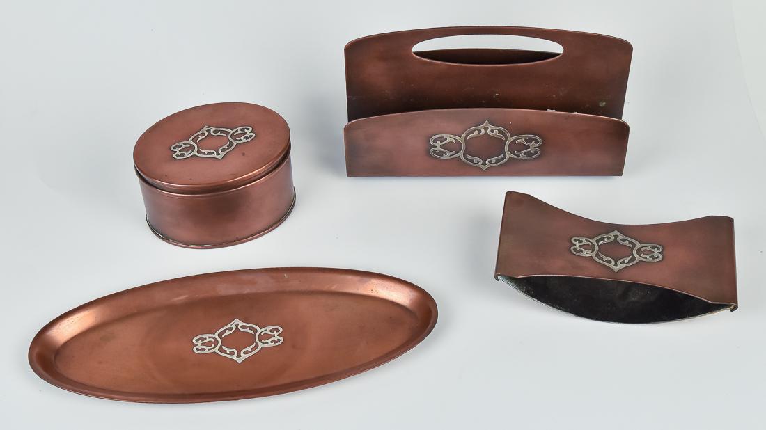 Heintz Sterling on Bronze Four Piece Arts & Crafts Desk: Heintz Sterling on bronze with marked Sterling stylized floral overlay, pieces include letter holder, ink well, pen tray and blotter, letter holder and ink well marked with Heintz diamond and initial 