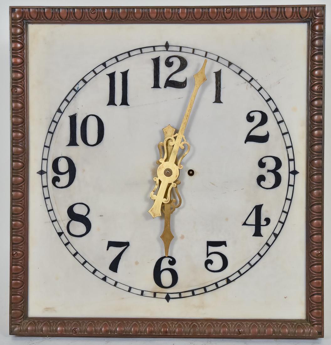 Marble Dial Architectural Clock: Circa 1900 in white marble square dial with bronze surround with egg & dart cast design, black Arabic numerals and brass hands, made to be set into wall with single weight driven brass works with pend